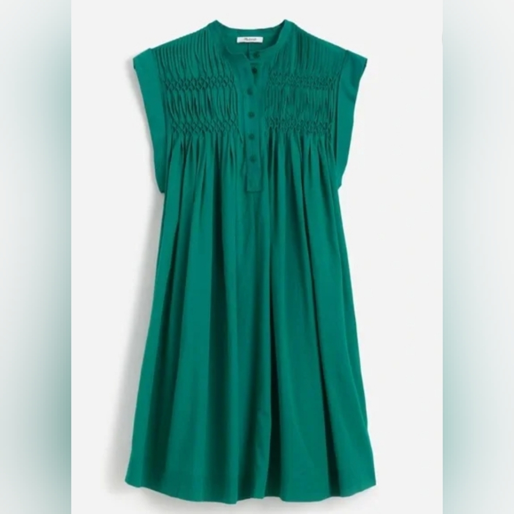 NWT $138 Madewell Embroidered Pleated Green Mini Short Sleeve Dress Womens XS - Picture 6 of 11